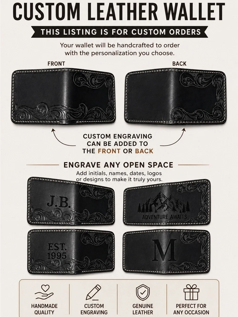 CUSTOM LEATHER Hand-Tooled Leather Bifold Wallet Design BLACK